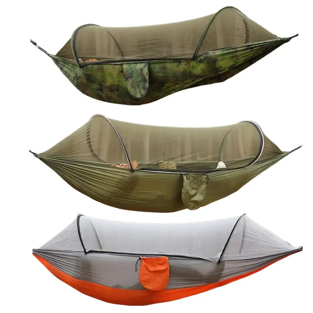 

260x140cm Camping Hammock with Mosquito Net Automatic Quick Opening Parachute Fabric Hanging Bed Swing for Outdoor Travel 1PCS