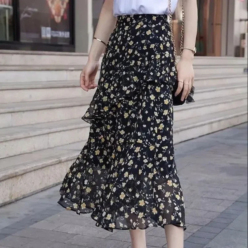 Ruffle Floral Woman Skirt High Waist Skirts for Women V Clothing Sales A Line Quality 2024 Trend Streetwear Luxury Elegant Cheap