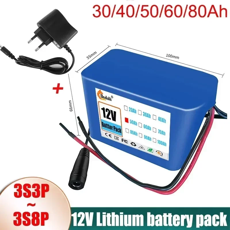 

12V 50Ah 18650 Lithium Battery Pack 3S5P Rechargeable Battery with BMS 12.6v Charger for Fishing Bicycle Large Capacity Battery