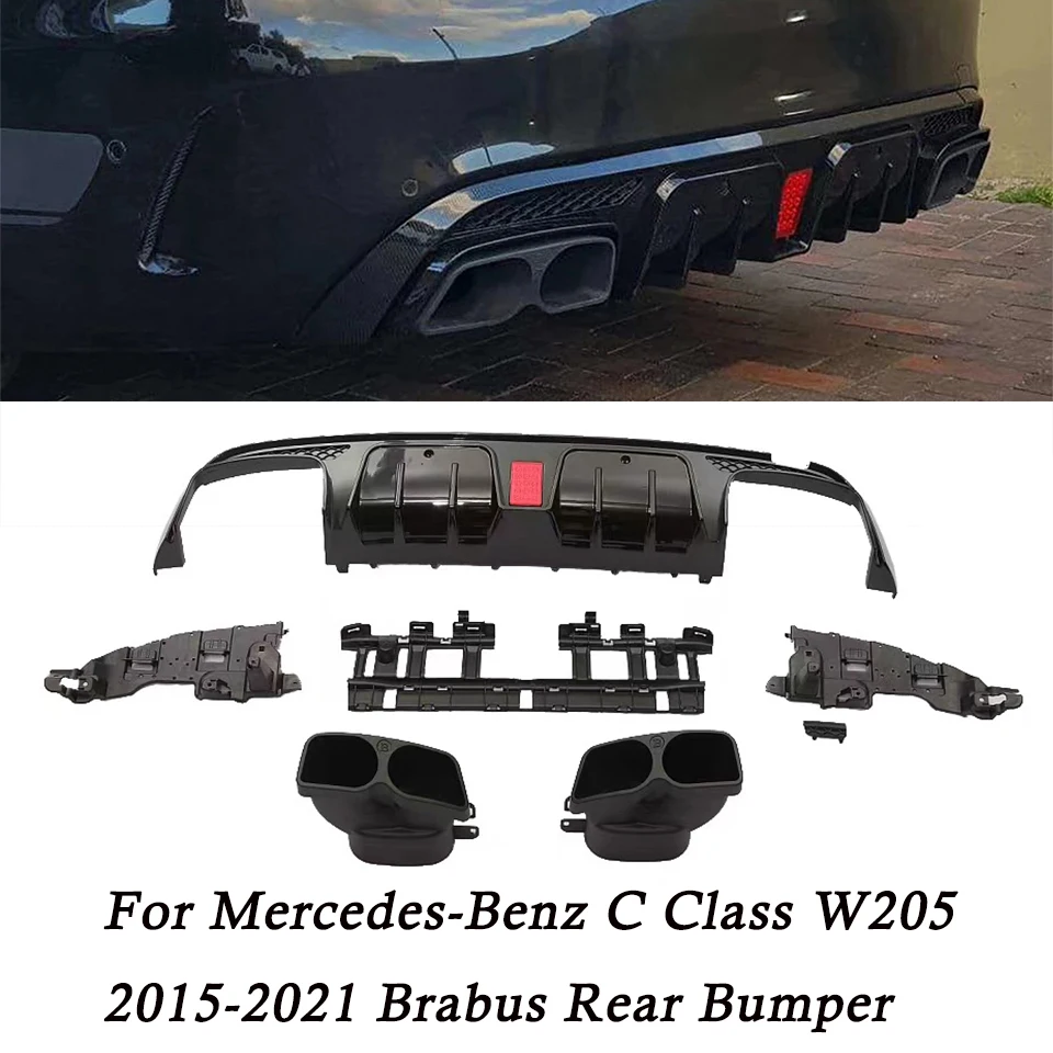 For Mercedes Benz W205 2015-2021 Brabus Style Rear Bumper Diffuser W/ Exhaust Tip