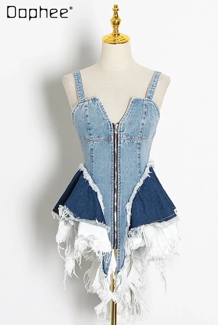 

Sexy V Neck Denim Tank Tops Women Raw Edge Tassels Irregular Pleated Tiered Hem Zipper Vest Tops Patchwork Female Summer Fashion