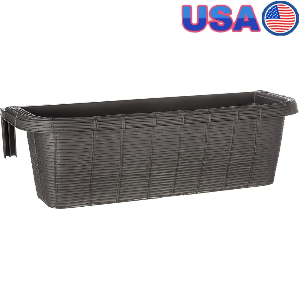 

Adjustable 24 Inch Railing Planter Self Watering Rattan Look Rectangular Grey Fits 1 to 4 Inch Deck Fence Easy Setup