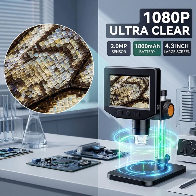 4,3-Zoll-LCD-Digitalmikroskop mit 1000-fachem Zoom, HD 1080P Mikroskopkamera mit LED-Beleuchtung für Lötarbeiten und Reparaturen von Leiterplatten