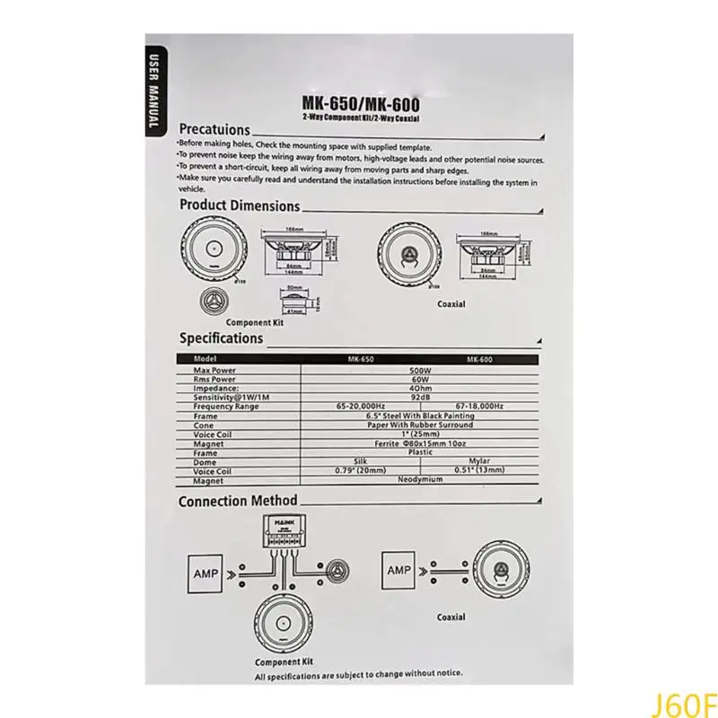 J60F Car Hifi Coaxial Clear Superior Sounds Soundspeaker حساسية عالية للمسرح المنزلي الرحلات والتجمعات القصيرة