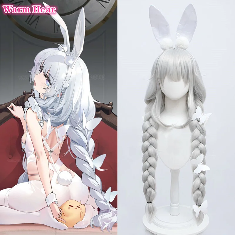 

Game MNF Le Malin Synthetic Wig White Bunny Silver White 90cm Twist Braid Cosplay Anime Wig Heat Resistant Hair Halloween Wigs