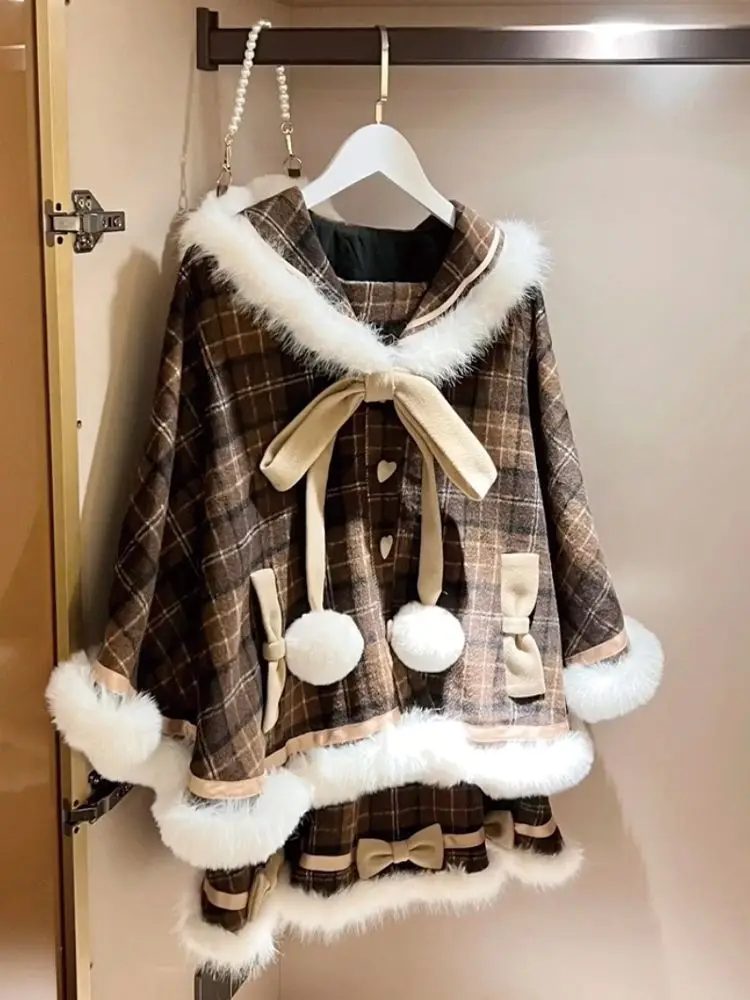 

Kawaii модная рождественская милая накидка комплект из 2 предметов элегантный милый меховой воротник с бантом костюм с шалью Лолиты красивая красная короткая юбка наряды