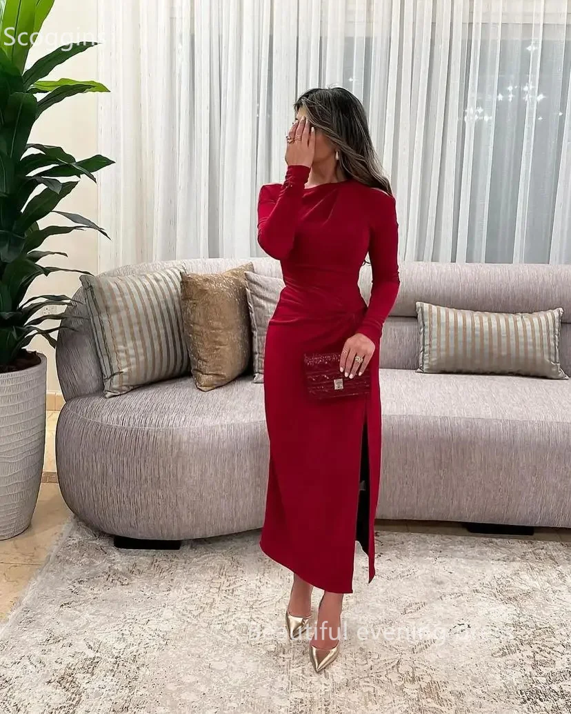 Scoggins فساتين سهرة Mermaid Long Sleeves Prom Dresses Pleated Side Split Ankle Length Women Evening Dresses Party Dresses