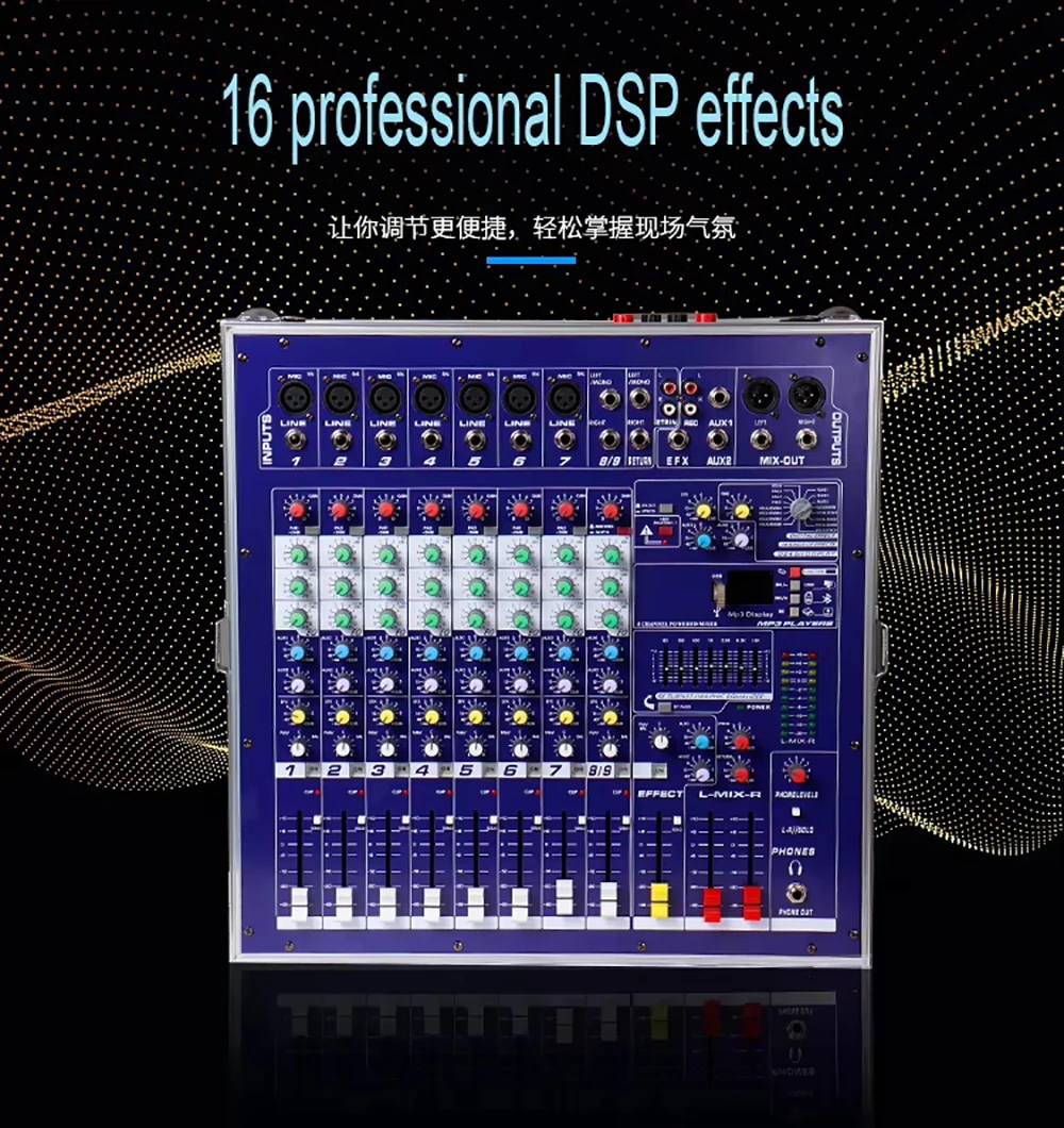 GAX-960E DJ Mixer 8 قناة USB Blueteeth خلط وحدة التحكم عالية الطاقة الصوت المرحلة المعدات 48 فولت الطاقة الوهمية DSP المؤثرات الرقمية