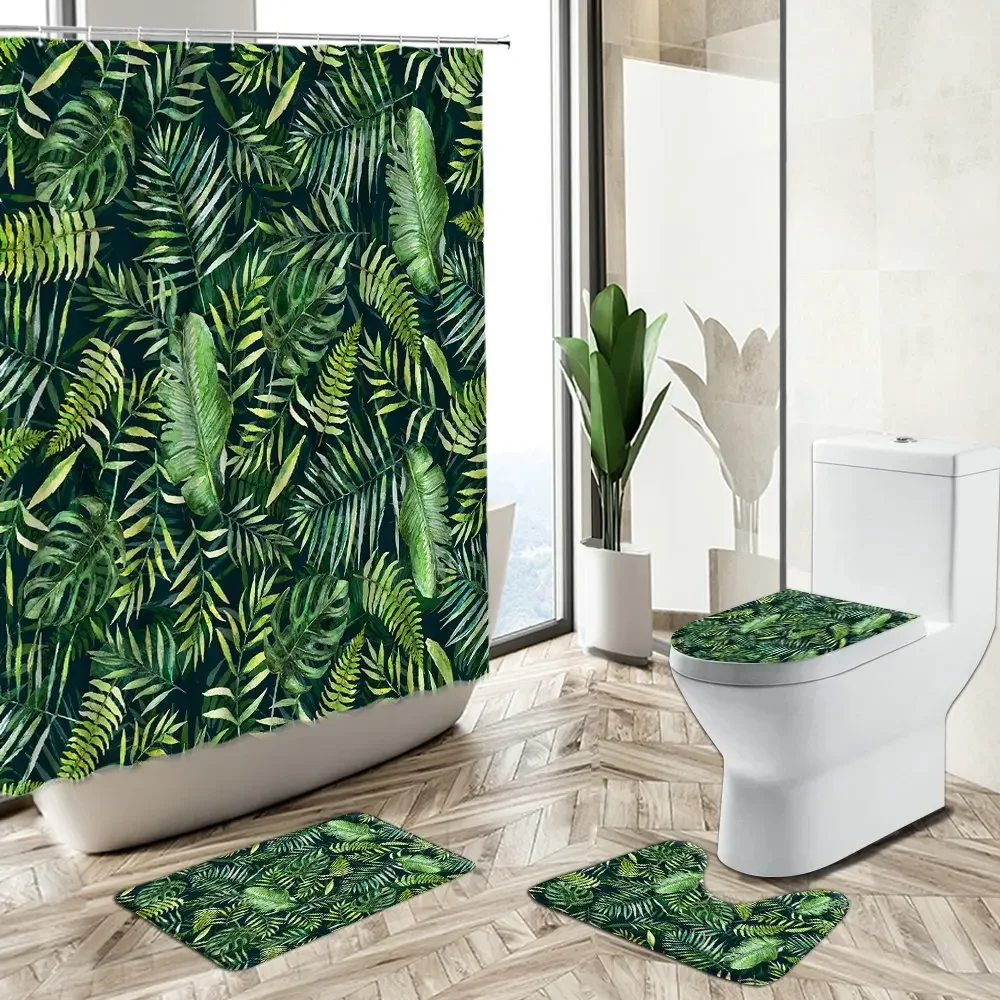 Tropical Banana Leaf Shower Curtains ​Palm Foliage Plant Flower Summer Jungle Theme Non-Slip Carpet Toilet Cover Bath Mat Sets