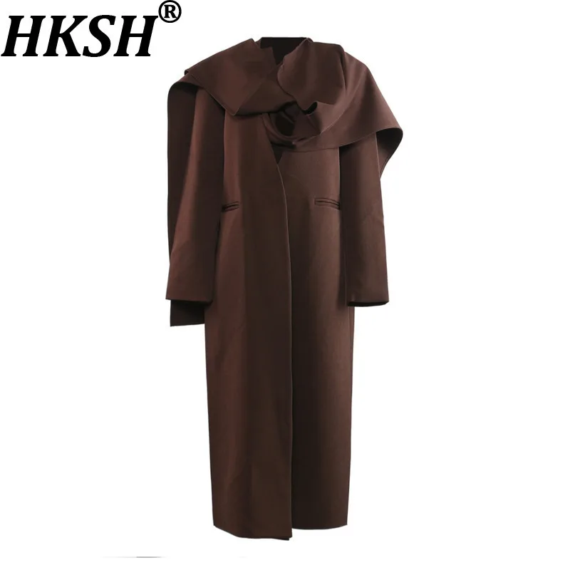 

HKSH Осенний новый женский шикарный плащ, однотонный, с v-образным вырезом и шарфом, элегантная модная уличная модная длинная ветровка HK10656