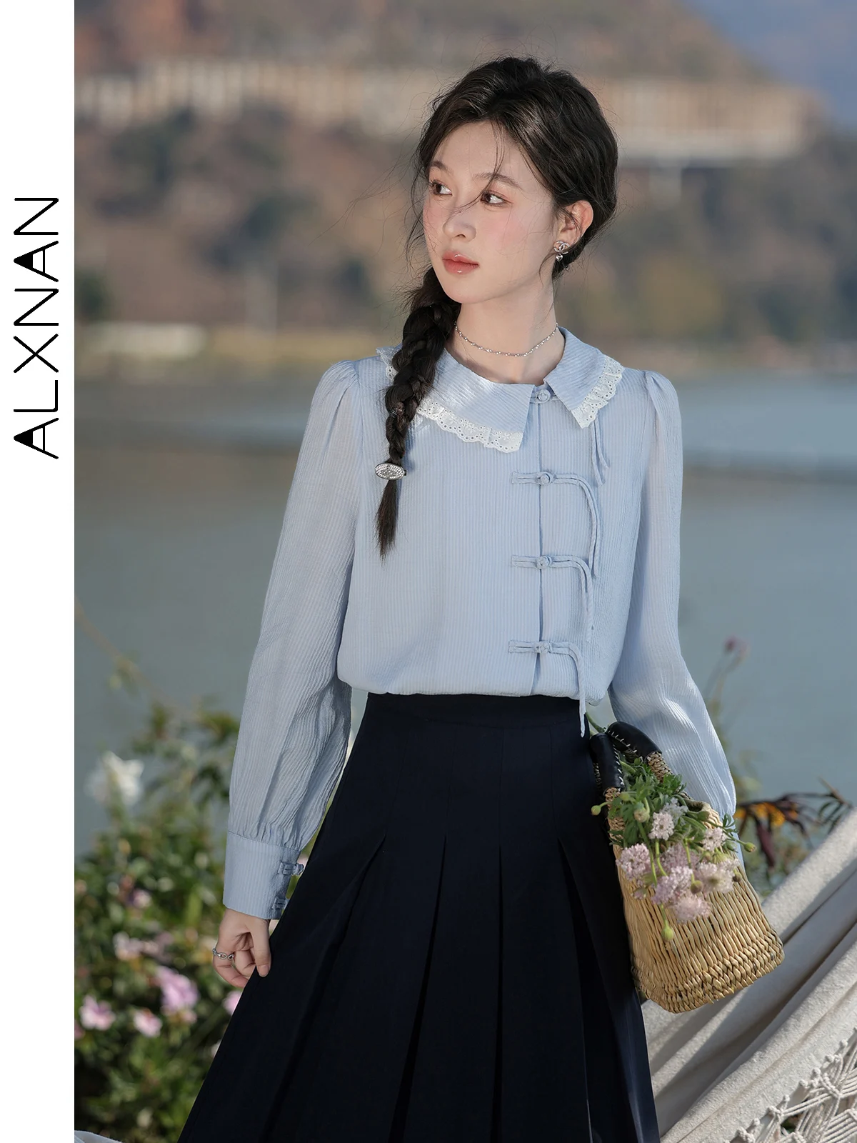 ALXNAN Women Neo-chinese Style Shirt Vintage Fashion Dial Buckle Design Irregular Petal Lapel Women Autumn Casual Shirt L33738