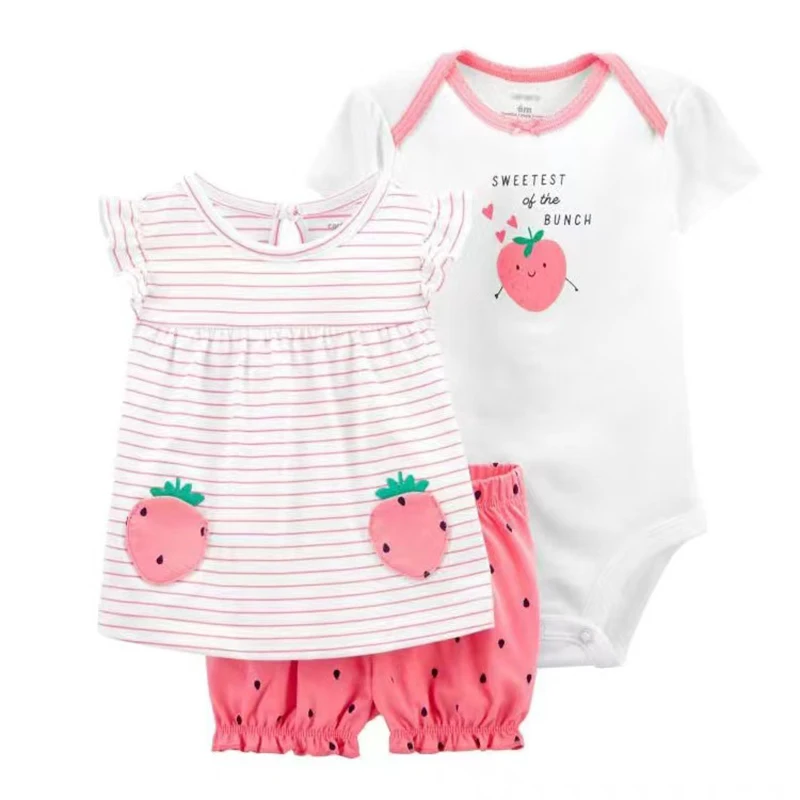 Summer Baby Girl Clothes Set Fashion Flower Infant Outfits Cotton Short Sleeved Bodysuit Shorts 3Pcs Toddler kids Clothing 6-24M