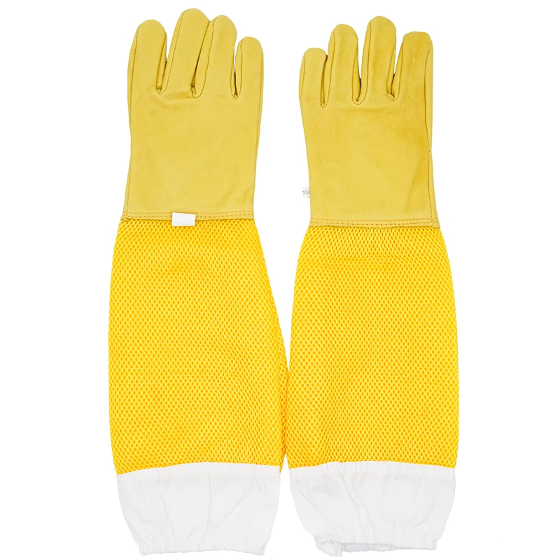 Beekeeping Protective Gloves, Beekeeper Sleeves Breathable Anti Bee Cloth, Apiculture Sheepskin Long Yellow Mesh Gloves 1Pair