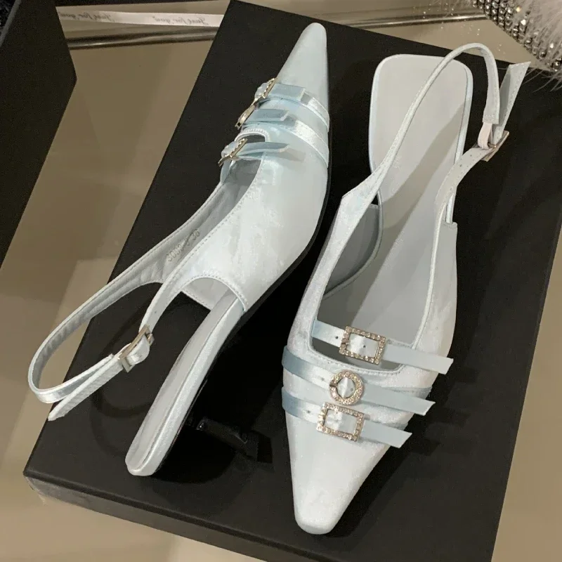 

Satin Brand Mules Pumps Women Belt Buckle Pointed Toe Slingback Sandals Ladies Sexy Fashion High Heels Banquet Dress Shoes