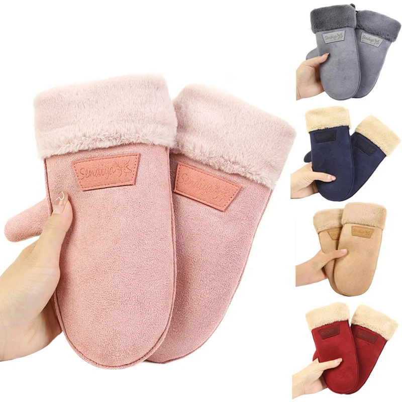 1Pair Solid Color Winter Gloves Women Ladies Girls Thickened Suede Warm Outdoor Gloves Mittens Female Plush Velvet Mittens