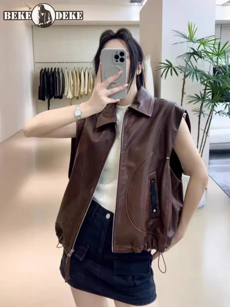 Fashion Women Oil Wax Turn Down Collar Short Genuine Leather Fashion Vest Jacket Office Loose  Drawstring Sheepskin Elegant Lady