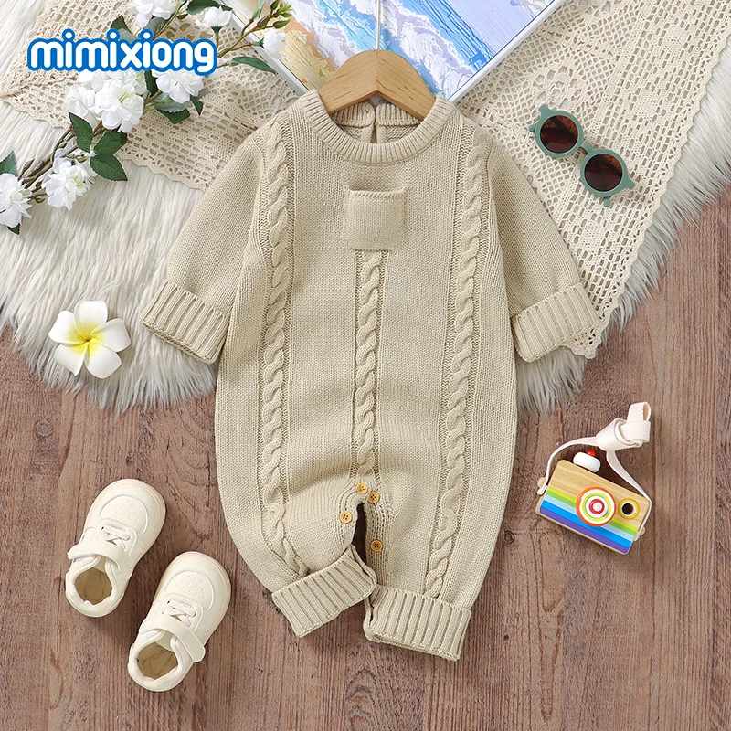 

Детские комбинезоны, осенне-зимняя повседневная бежевая вязаная одежда с длинными рукавами для новорожденных мальчиков, комбинезоны, одежда для малышей 0-18 м