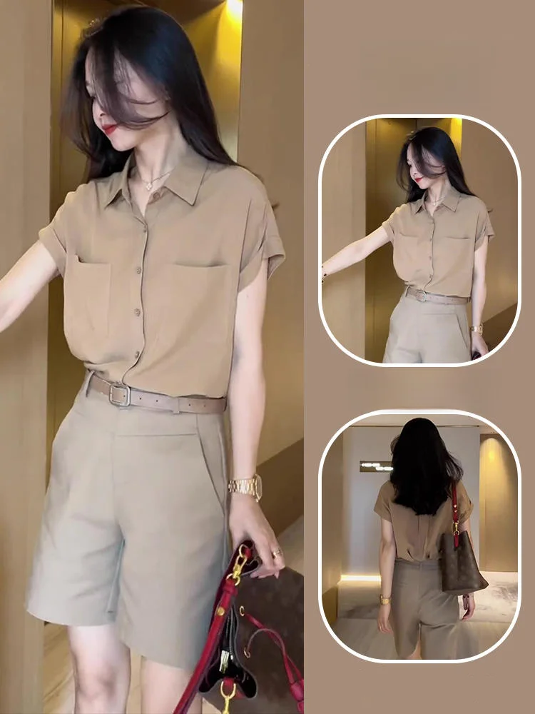 

Ele Profional Women's irt Slim Fit High Waist Faionable Salt Series Summer Polyester Blend Button up Ne