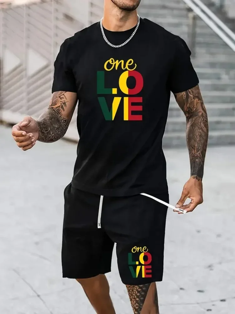 

Fashion Colorful Love Graphic T-shirt Shorts Set Summer Sports Short Sleeve Shorts 2-piece Set Men's Quick Dry Sportswear Suit