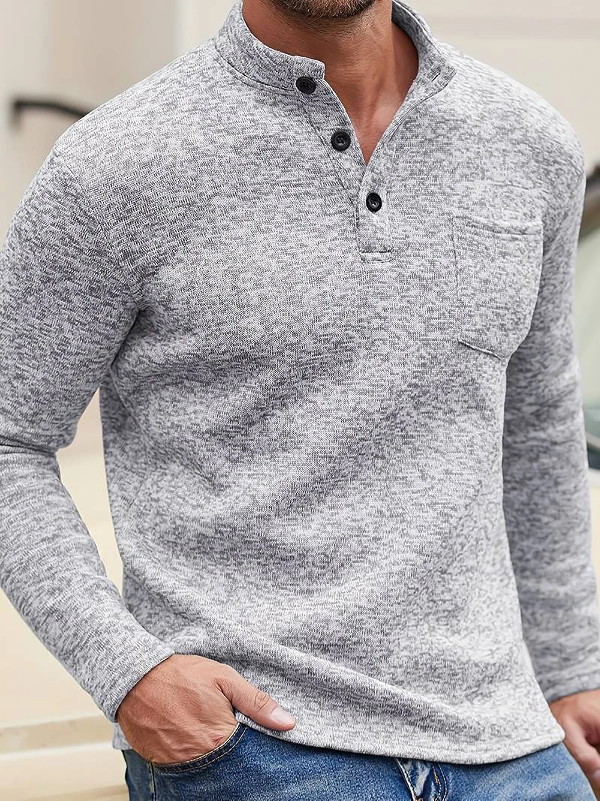 

Men's Gray Henley Shirt Long Sleeve Button Placket Pocket Design Casual Textured Knit Top Trendy Spring Autumn Fashion Pullovers