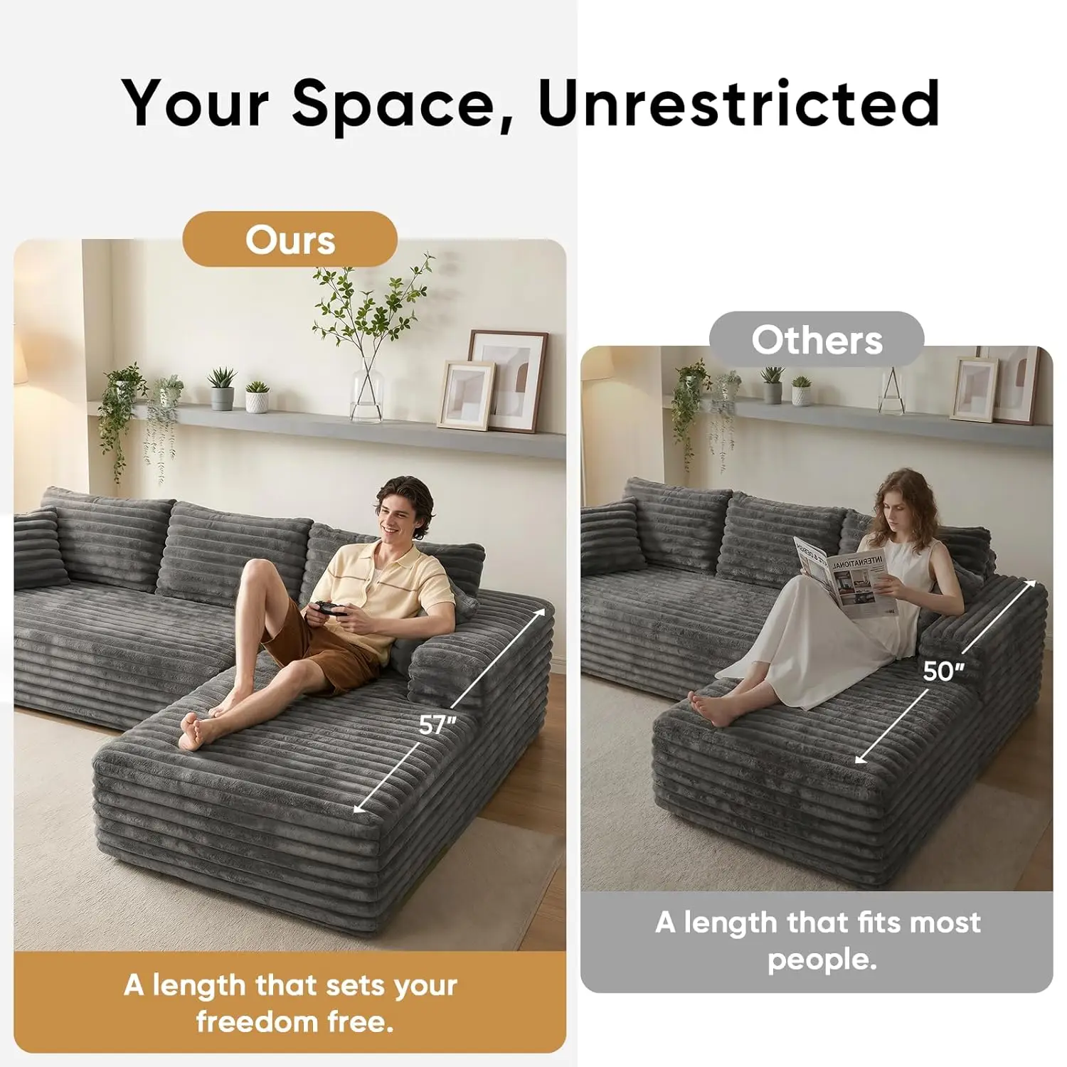 103" L Shaped Sectional Boneless Couch for Living Room, Modern Modular Cloud Sofa with Right Facing Chaise, Comfy, Customized - view 5