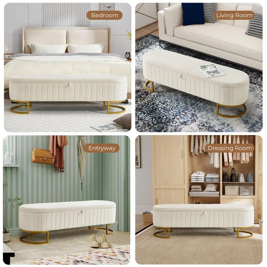 Banc ottoman, 63 bancs d'extrémité de lit en velours, banc de chambre à coucher King Size avec pieds en métal doré, banc de rangement rembourré pour chambre à coucher