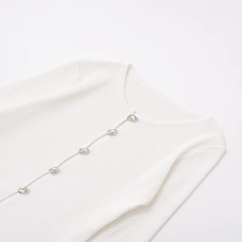 ฤดูใบไม้ผลิ 2025 ผู้หญิง Faionable Ribbed รอบ Ne ยาว Sve SLIM FIT ถัก Jaet ใหม่มาถึงเดินทาง Sle ความยาวปกติ