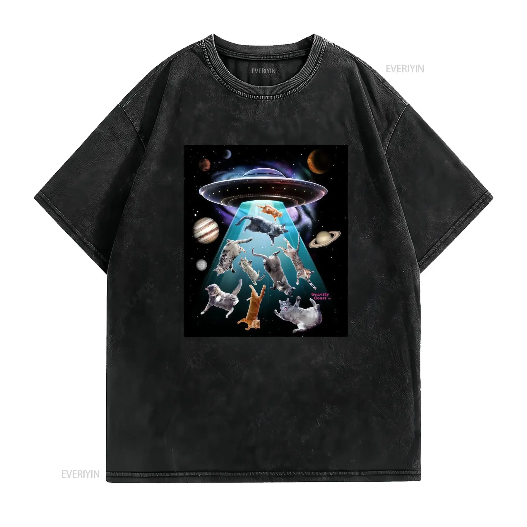 Aliens Secuestrando Gatos en Disco Volador UFO Espacio Cósmico Camiseta Casual de Cuello Redondo Tejido Ligeramente vintage