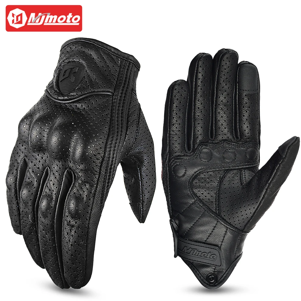 Summer Perforated Vintage Leather Black Motorcycle Gloves Men Motorbike Riding Gloves Touch Screen Motocross Moto Biker Gloves