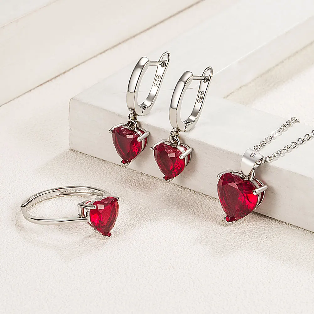 

Heart Natural Red Garnet Created Ruby 925 Sterling Silver Ring+Necklace+Earring Gemstone Jewelry Set Bijoux for Women Party Gift