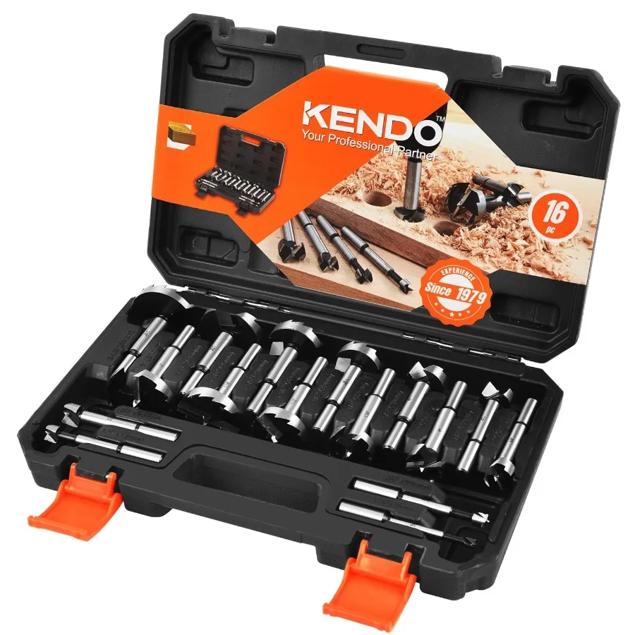 KENDO 16 Piece Forstner Bit Set Made of Alloy Steel Forstner Bits for Woodworking Auger Opener Round Shank Drilling Cutting Too