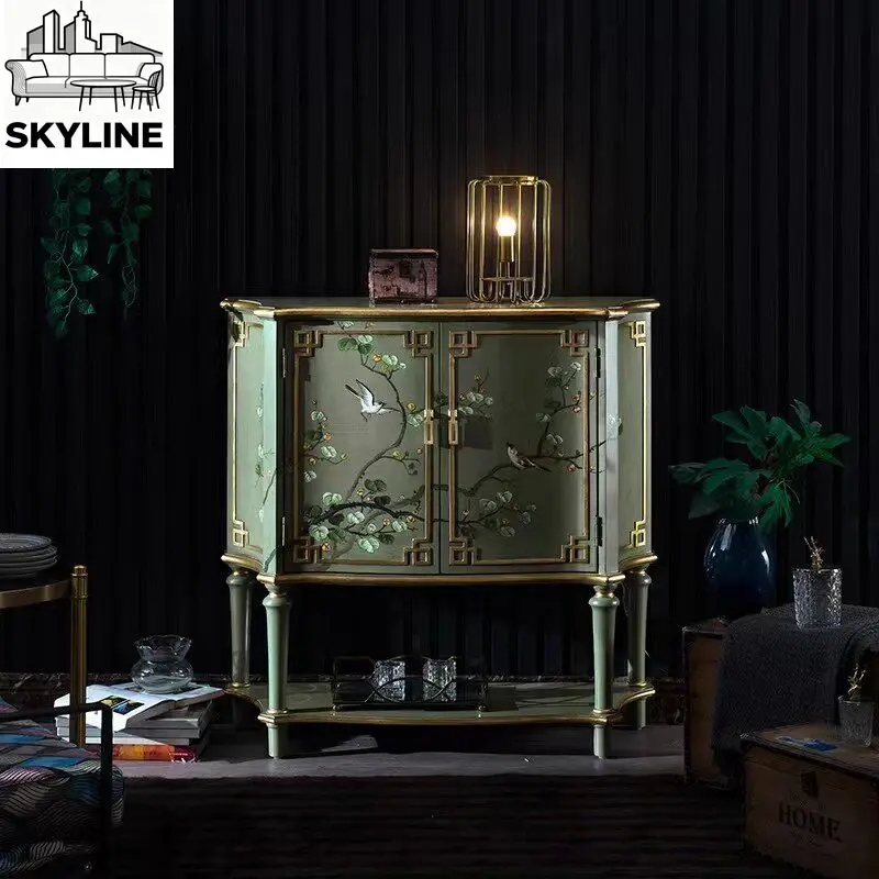 Vintage Distressed Painted Storage Sideboard, American European Neoclassical Decor Cabinet for Entryway Corner & Living Room