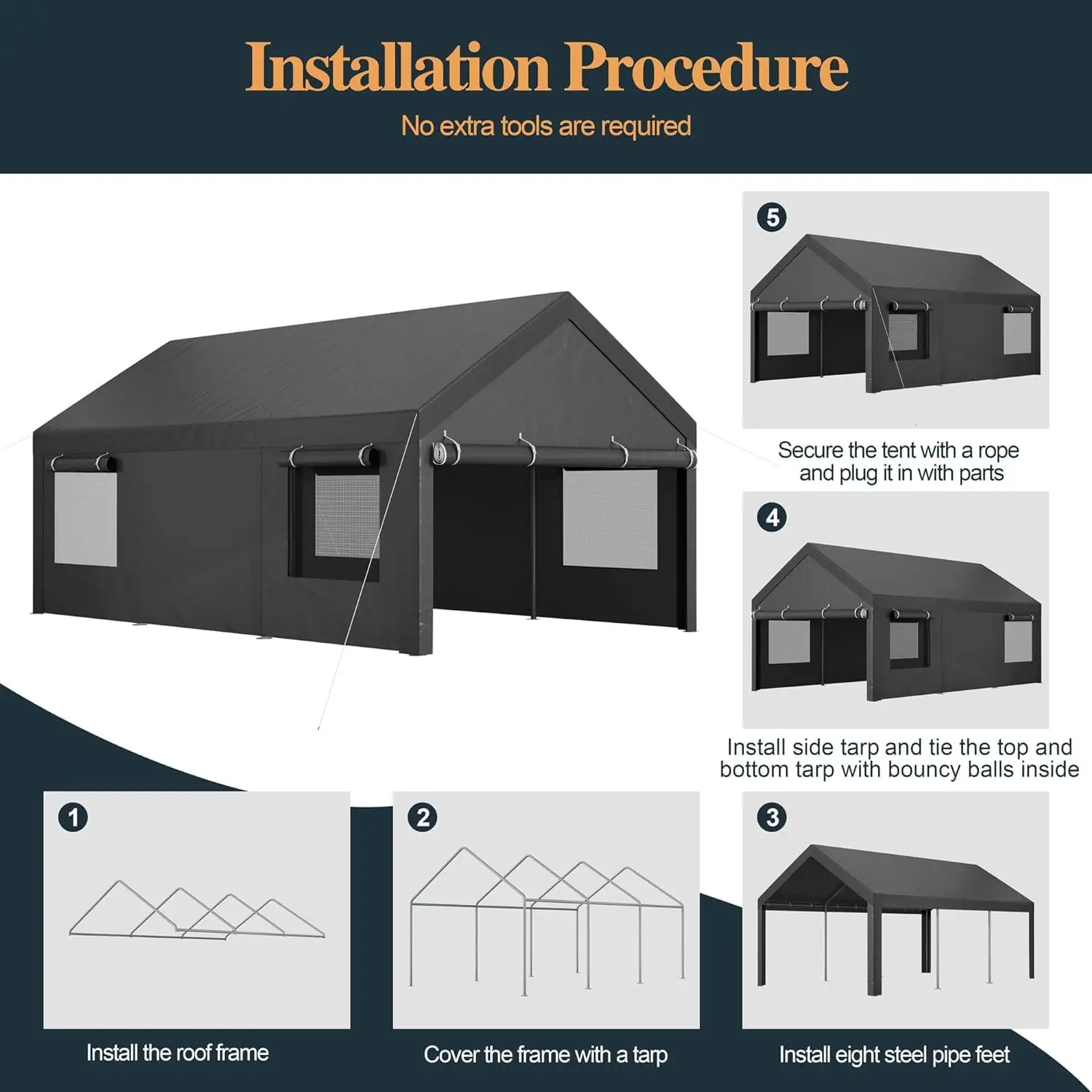 10x20ft Heavy Duty Outdoor Portable Garage Ventilated Canopy Carport Pool Tent with All-Season Tarp Grey, Customized