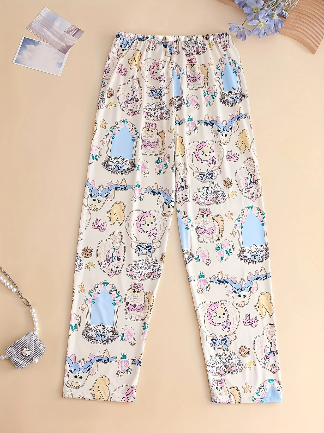 Latest French Bow Cat Vacation Style Retro Photo Frame Floral Kitten 3D Print Niche Lazy Style Versatile Pants