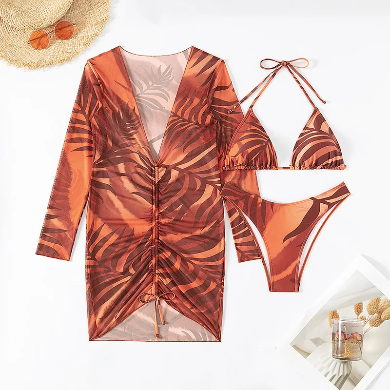 Bikini Set With Long Sleeve Dress Halter Triangle Bikini Swimsuit Women Leaf Print Swimwear 3 Piece Bather Bathing Suit Swim