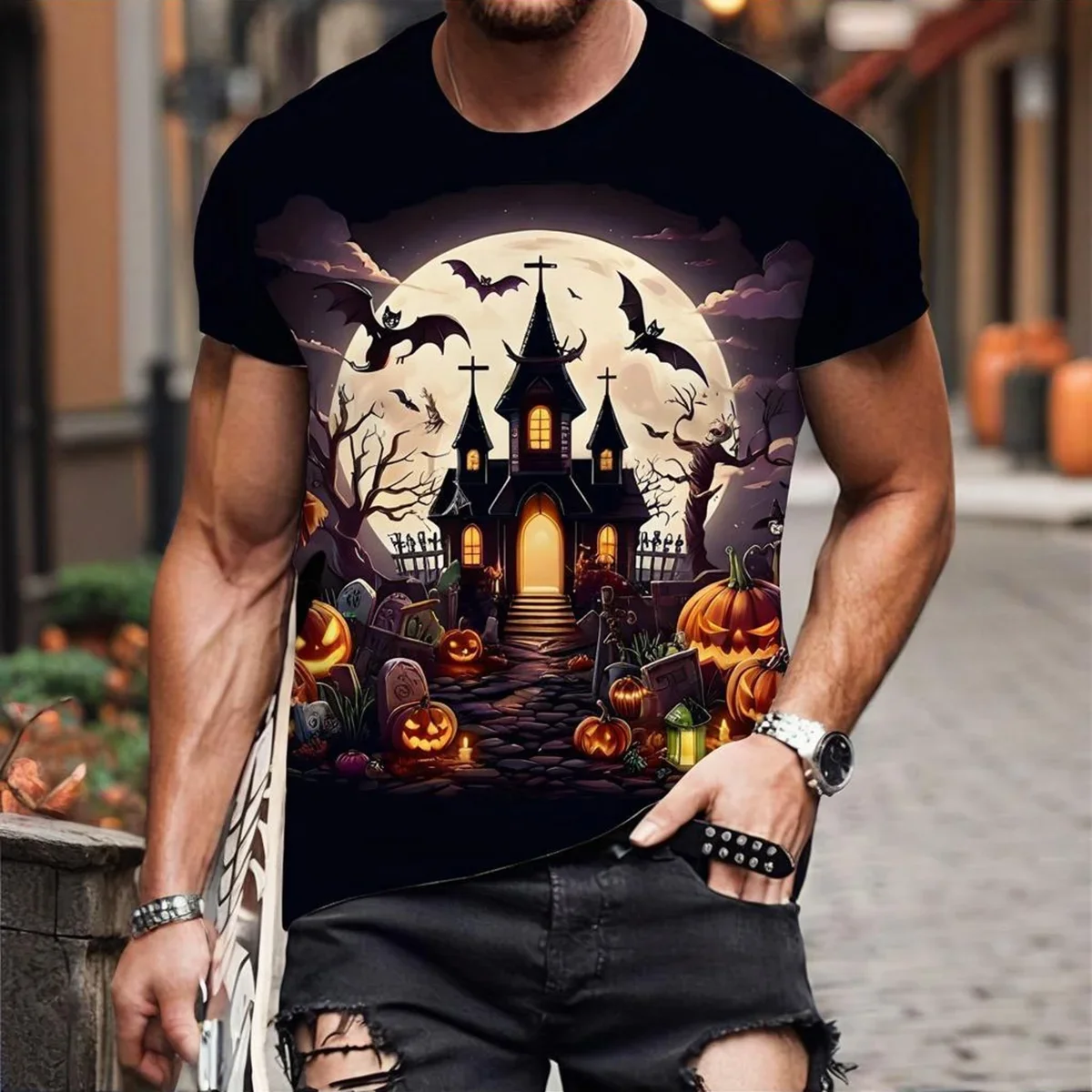 قميص Fantasy Halloween للجنسين: طباعة ثلاثية الأبعاد متوهجة في الظلام على تصميم رقبة دائرية من القماش المسامي للحفلات التنكرية وأحداث النادي #3