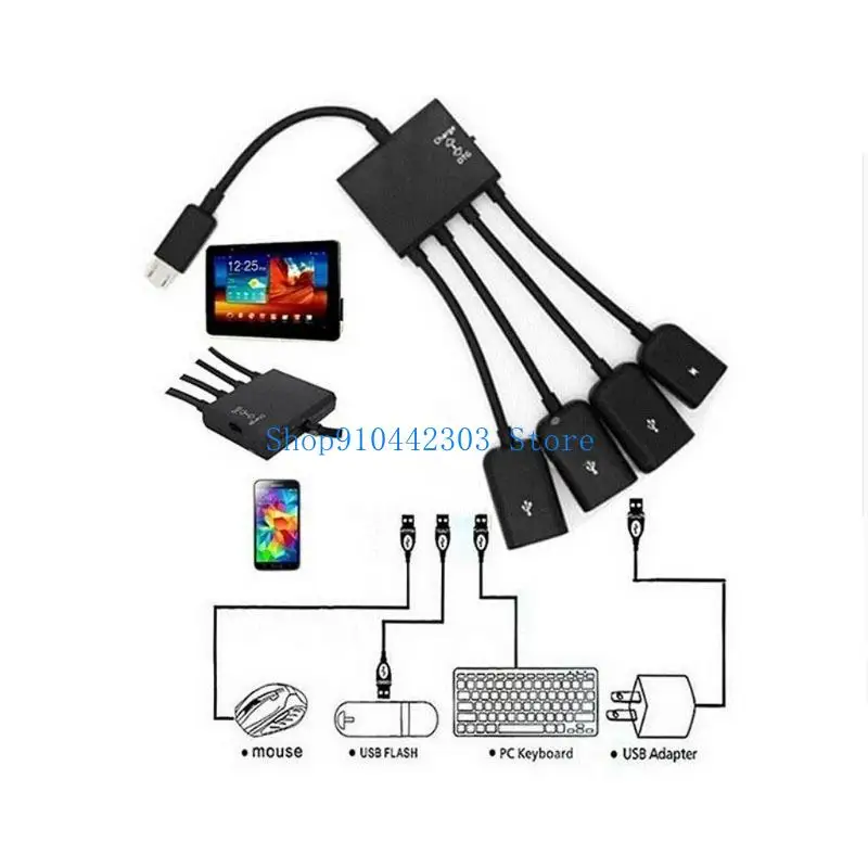 652F USB OTG Hub with Charging Switching 1 to 4 MicroUSB TypeC Charging Cable Multiple Devices Simultaneously