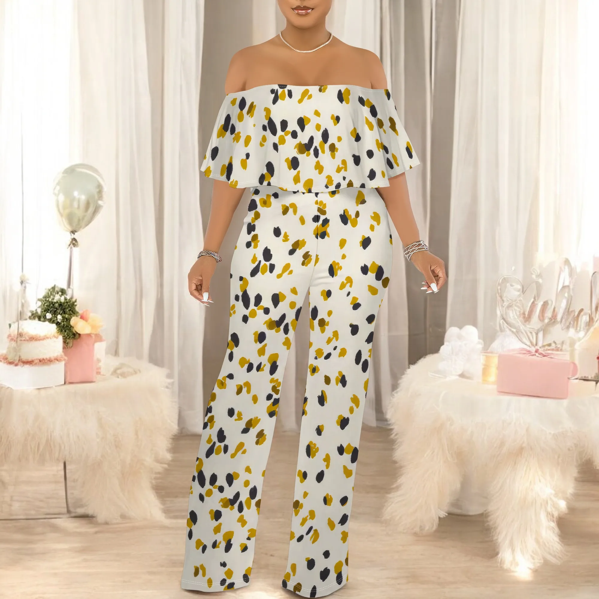 ปิดไหล่ด้านบน Ruffle ดอกไม้พิมพ์ Jumpsuits สําหรับผู้หญิงกางเกงขากว้าง Club Party ชุด Jumpsuit พร้อมกระเป๋า