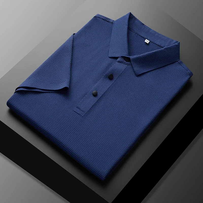 Men's Short sleeved Ice Cream Silk Polo Shirt Thin Breathable Anti Wrinkle Solid Color T-shirt