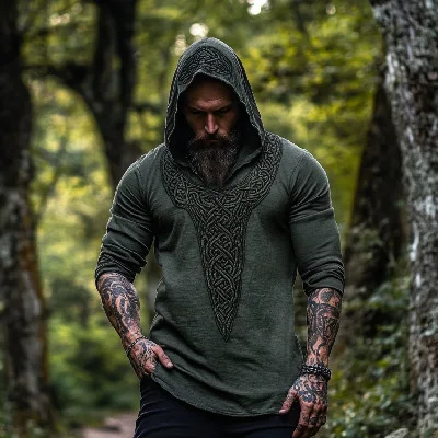2025 Men's Spring Autumn Long Sleeved Linen Hooded Sweatshirt Pullove Top Vintage Print Casual  Printed  Slim Sports Hoodie Men