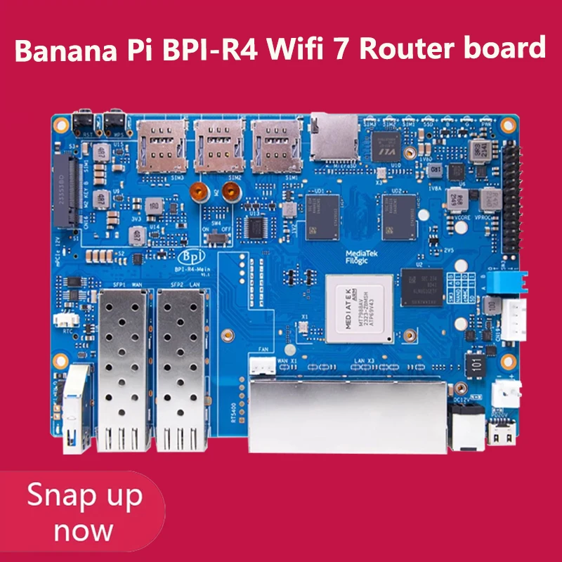 Banana Pi BPI-R4 board with MTK MT7988A design,Supports 2 SFPs, 4G RAM and 8G eMMC