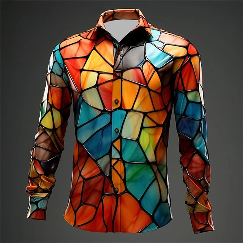 Irregular Colour Block Print Men's Shirts Casual Single-Breasted Blouses Long Sleeve Shirt Streetwear Lapel Tops Men Clothing