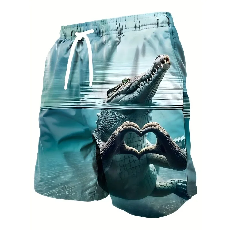 Summer Men's 3D Alligator Printed Beach Shorts - Lightweight Polyester, Suitable for Basketball Casual Drawstring Shortslvv
