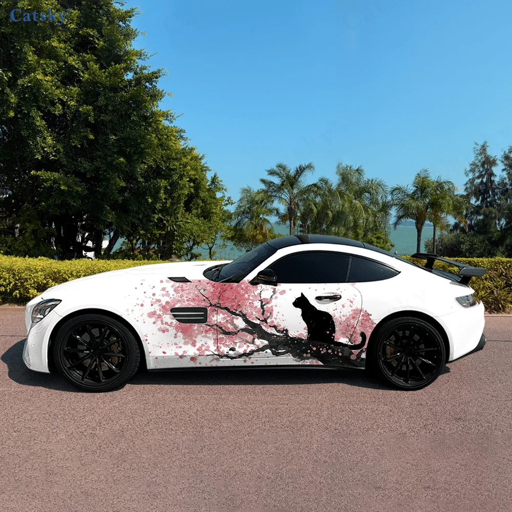 Black Cat Flower Branch Car Side Sticker Decor, PVC Waterproof Scratch Resistant Decal, Car Protection, Auto Accessories Gift