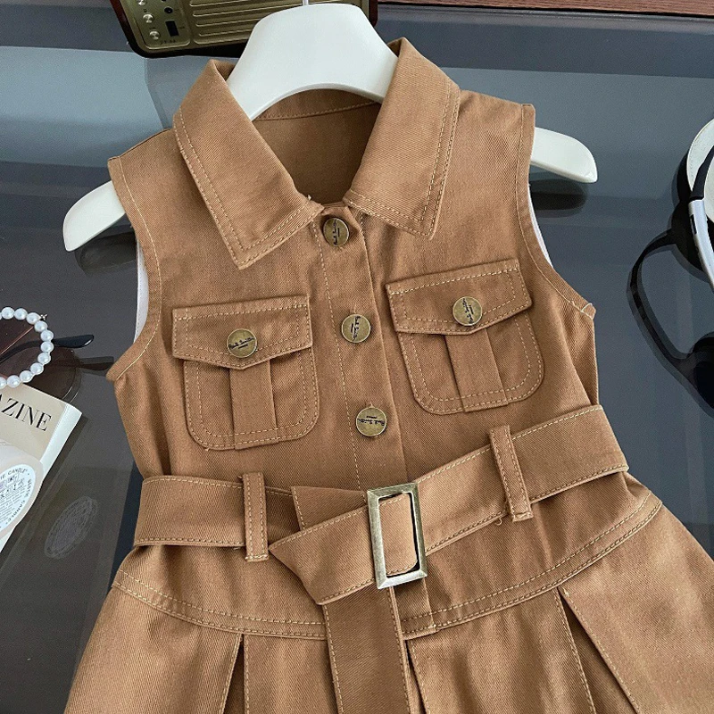 2025 Summer New Girls Denim Dress Belt Decoration Lapel Collar Sleeveless Tutu Princess Dress For 2 -10 Years Kids Fashion Dress