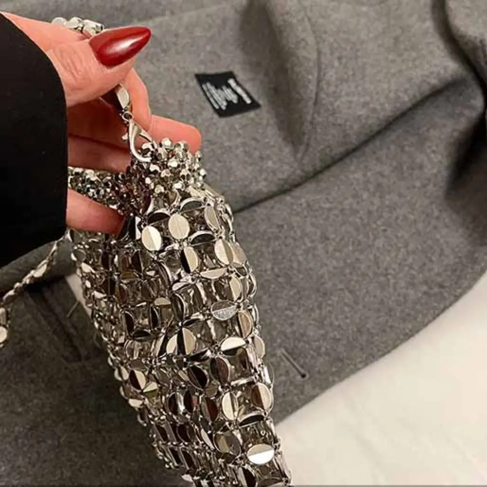 Torebka wieczorowa z cekinami, elegancka torebka pod pachę, błyszcząca torebka na ramię, mini torebka, pleciona torebka z koralikami, torebka crossbody na wesele