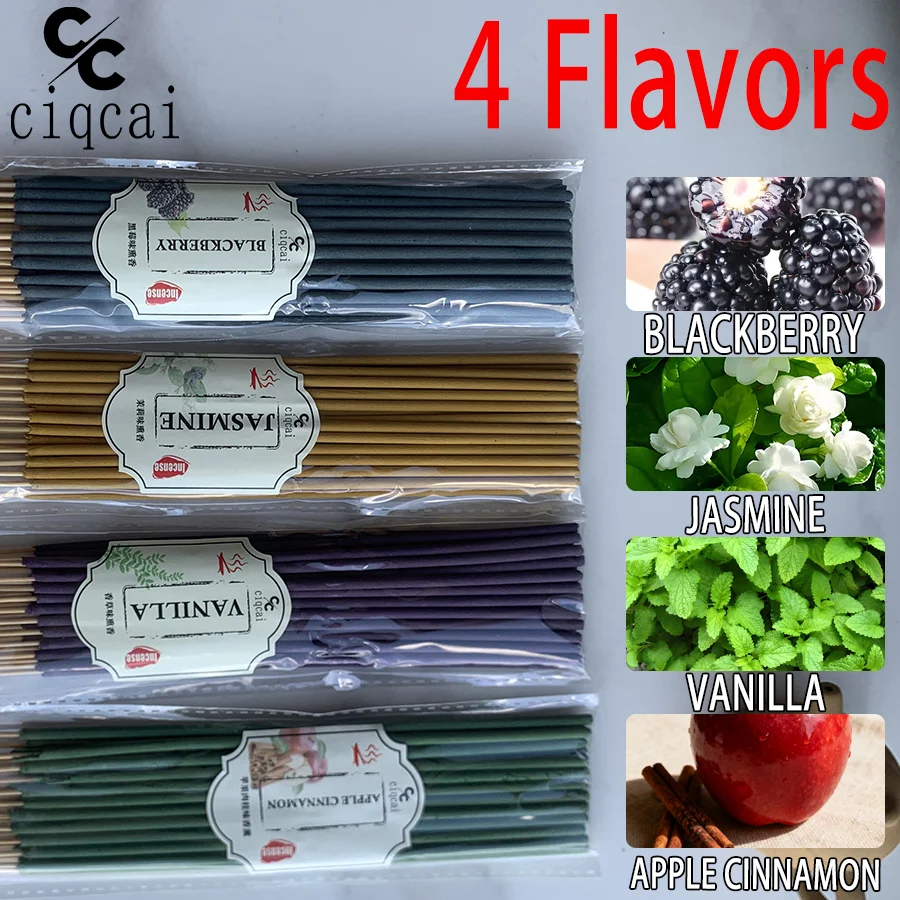 [4-Flavor Pack] Extra Strong, Fragrant Handmade Bamboo Incense Sticks, 22Cm/8.66Inch Long Premium Natural Incense Sticks, Composed of 4 Flavors Including Apple, Cinnamon, Vanilla, Jasmine, and Blackberry, Made Using Traditional Methods, with a Rich and Long-Lasting Scent, Refreshing and Invigorating, Deodorizing and Odor-Eliminating, Suitable for Home Use and Outdoor Travel.
