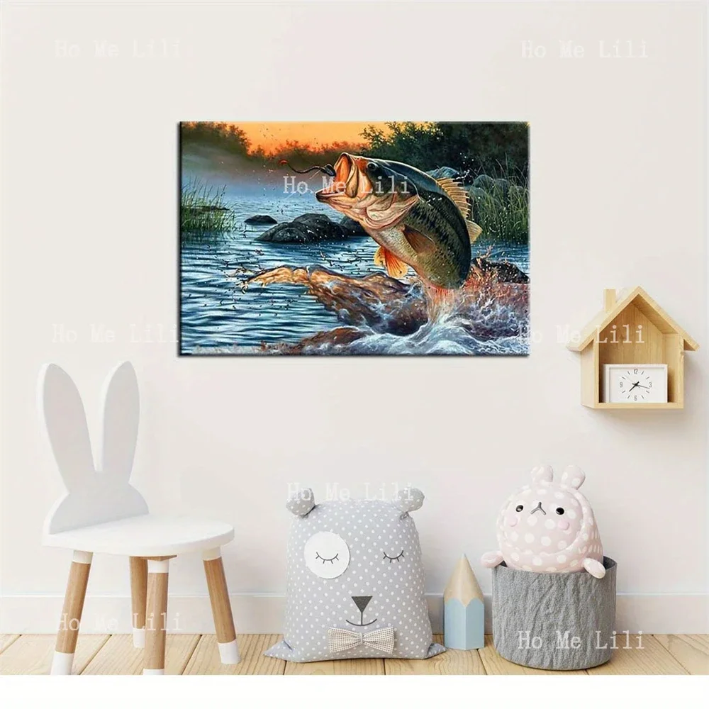 Powerful Bass Fishing Fish Jump Scene Fishing Lovers Canvas Artwork For Bedroom Living Room Home Office Cafe Decor