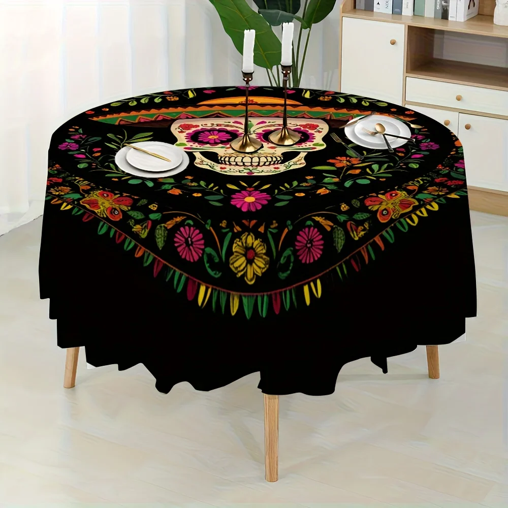 A round tablecloth featuring a skeleton theme for Dia de los Muertos, specially designed for an artistic dining settingzyc
