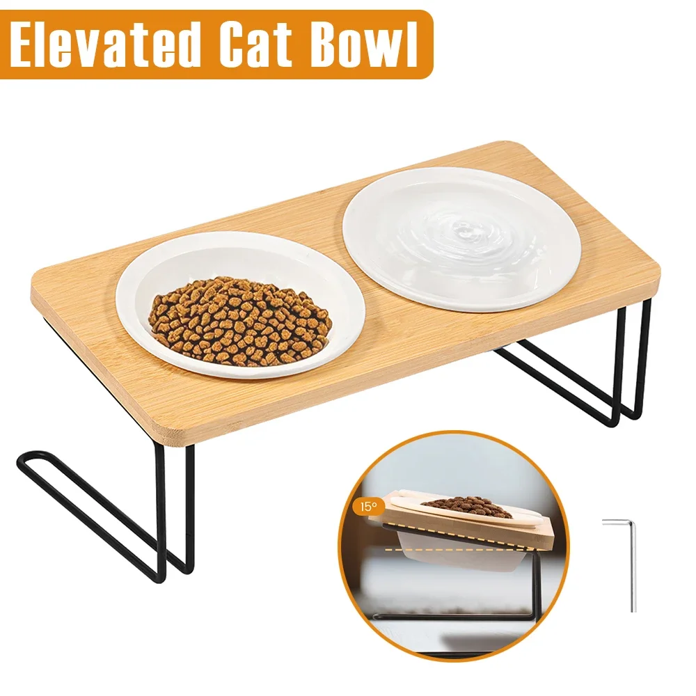 

Elevated Cat Bowl Wood 15° Tilted Cat Bowl Stand Set with 2 Ceramic Bowl Dog Water Dispenser Pet Supplies for Dry Wet Food Water